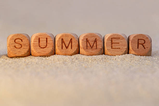 istock Wooden blocks spelling summer on sandy beach background 2215724540