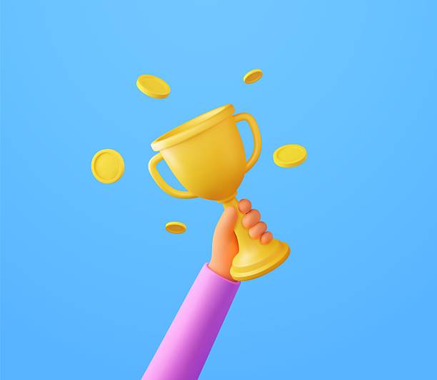 istock 3d Hand hold gold trophy and money coin. 2215729005