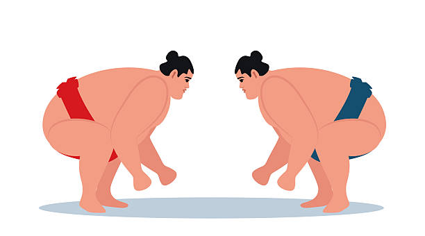 Two sumo wrestlers stand in the fighting stance before the start of the fight. Heavy fat sportsman characters. Fighting Japanese traditional martial art and sport activity. Vector illustration. Two sumo wrestlers stand in the fighting stance before the start of the fight. Heavy fat sportsman characters. Fighting Japanese traditional martial art and sport activity. wrestlers uniform stock illustrations