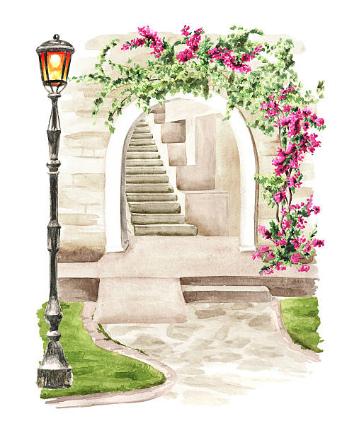istock Architectural arch decorated with plants and flowers. Hand drawn watercolor illustration isolated on white background 2215732922
