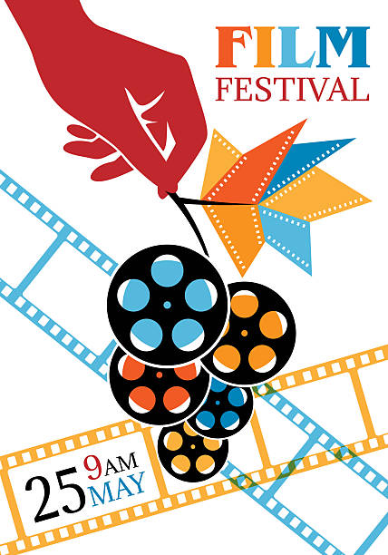 Cinema poster template. Vector conceptual vertical flyer in retro style for movie festival. A hand holding a bunch of grapes from reels with film.