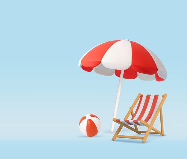 3D beach umbrella and chair and beach ball 3D beach umbrella or parasol and chair and beach ball, summer theme object, with white and red color. Summer holiday, Time to travel concept. 3d rendering. Vector illustration parasol stock illustrations