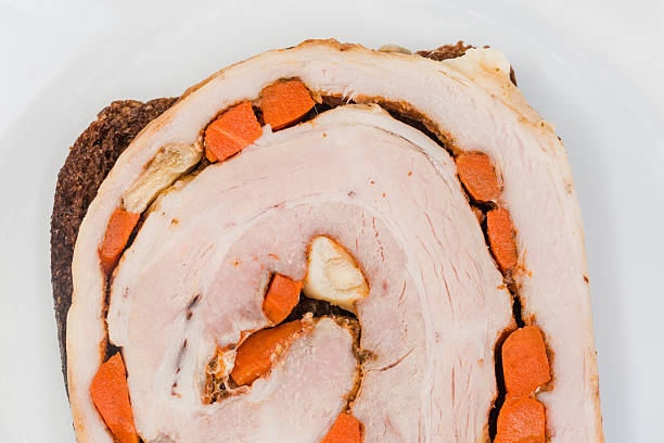 sausage of chicken meat with spices, delicious boiled chicken meat with spices on the table