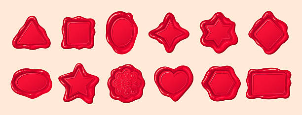 istock Wax stamps. Red vintage postage seal stamps, wax label marks, medieval post signets flat vector illustration set. Cartoon postal paraffin stamps collection 2215736198