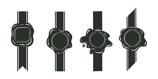 Vintage wax seal silhouettes. Postal wax seals with ribbons, monochrome wax stamps flat vector illustration set. Cartoon wax seal collection