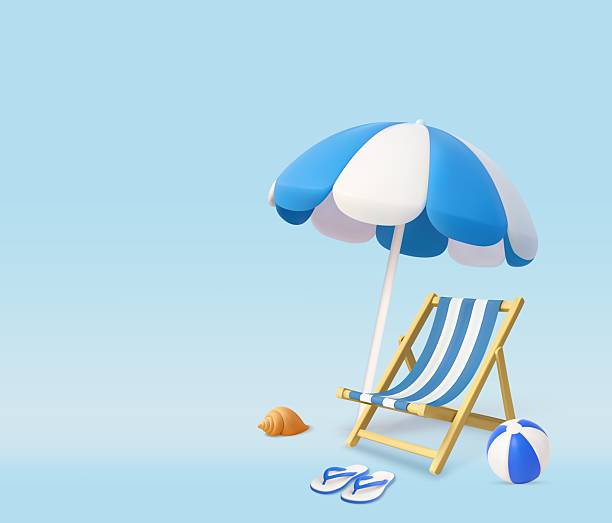 istock 3d Beach blue Chair and Umbrella with Summer Accessories 2215736579