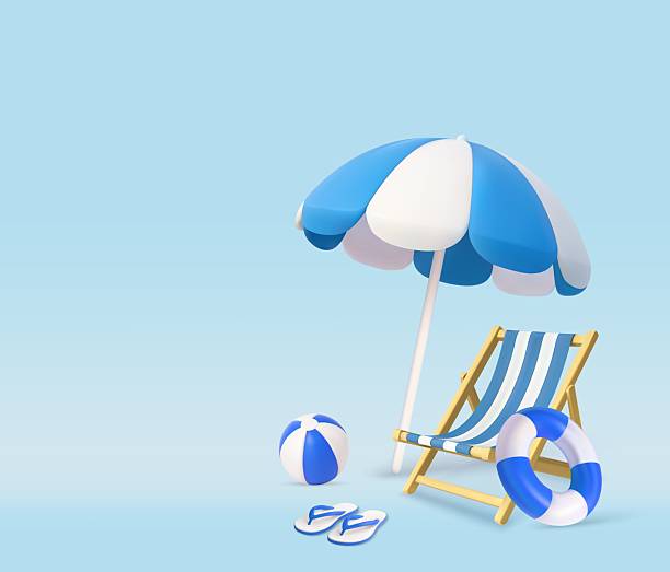 istock 3d Beach blue Chair and Umbrella with Summer Accessories 2215737840