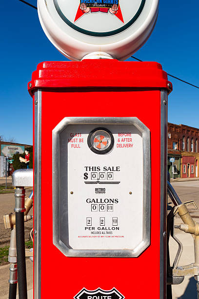 Atlanta, Illinois - United States - March 22nd, 2025: Vintage red gas pump at the American Giant Museum on historic Route 66 in Atlanta, Illinois, USA.
