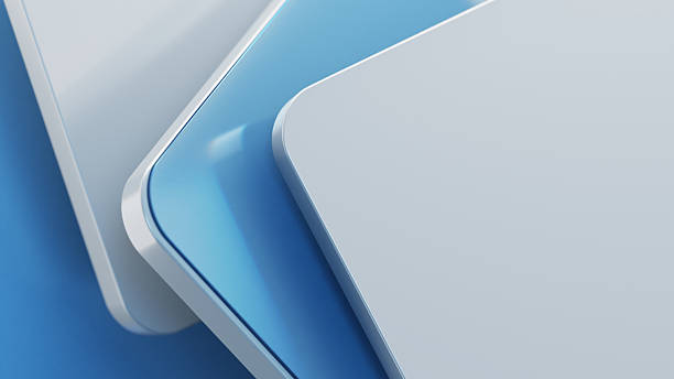 Abstract composition featuring blue and white layers of geometric shapes. The clean lines and gradient tones convey modernity and minimalism, suitable for design backgrounds or technological applications.