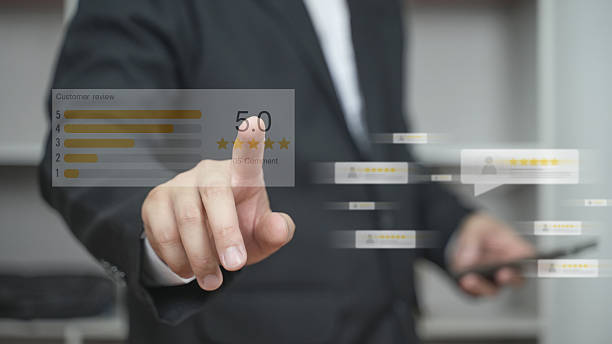 istock Customer review good rating concept, hand pressing user and five star icon on visual screen for positive customer feedback, testimonial and testimony, user comment and feedback for review. 2215750829