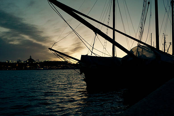 A ship in the port during the evening