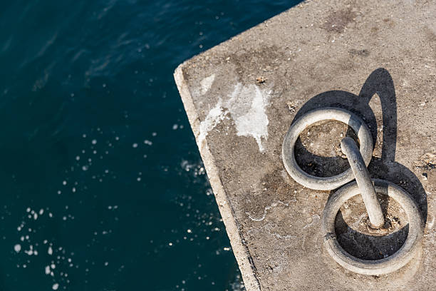 Metal mooring rings embedded in a concrete surface by the edge of deep blue water