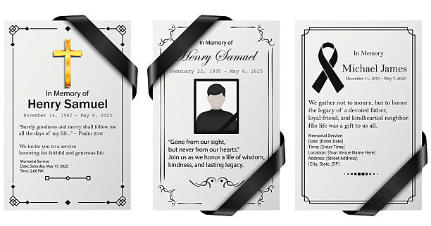 Elegant set of grayscale funeral invitation templates with realistic folded black ribbons and clean, minimal typography. Suitable for memorial announcements or obituary designs. Funeral invitation template. Memorial card design.