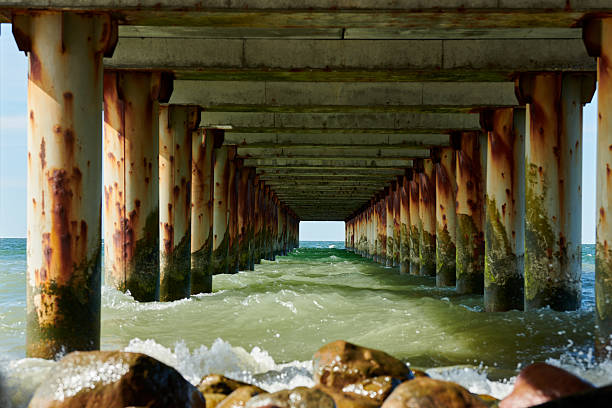 Rusty pillars of old sea pier create mesmerizing seascape scene with view from under pier, restless sea waves crashing on rock symbolizing harmonious yet powerful coastal symphony