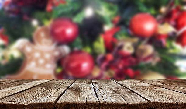 istock Empty old wooden table background - christmas background 2215764891