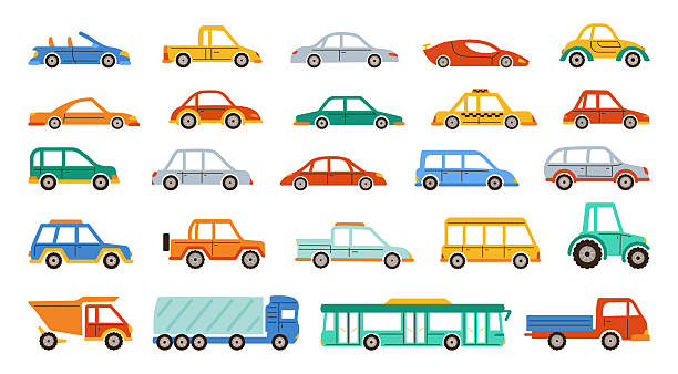 Car hand drawn cartoon style set cute different transport pickup bus tractor truck taxi sedan vector Car hand drawn cartoon style set. Colorful cute different transport pickup, bus tractor truck, taxi sedan collection. Simple icon car illustration for children textile cloth poster vector illustration small bus stock illustrations