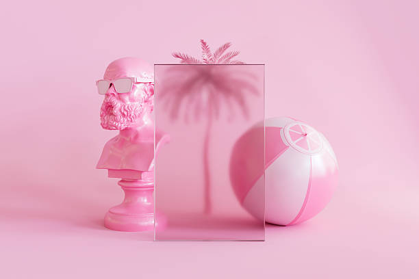 istock Beach Ball, Palm Tree and Bust with Sunglasses Behind Transparent Frame on Pink Summer Background 2215767826