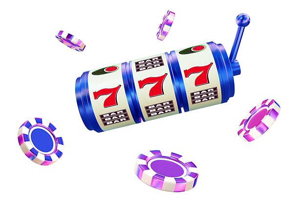3D neon slot machine with flying casino chips on white isolated background. Online casino. Gambling concept design. 3d rendering illustration.