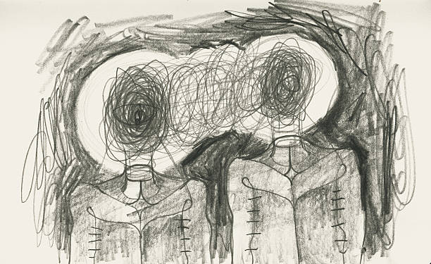 Surreal pencil drawing with mystical creatures and subconscious symbols. Abstract art exploring dreams, occult, and inner psyche with expressive naive lines and psychological depth. surreal stock illustrations
