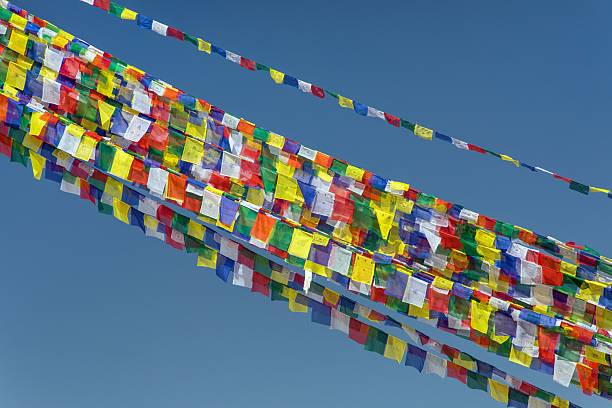 prayer flags near Boudhanath stupa in Kathmandu, buddhism in Nepal