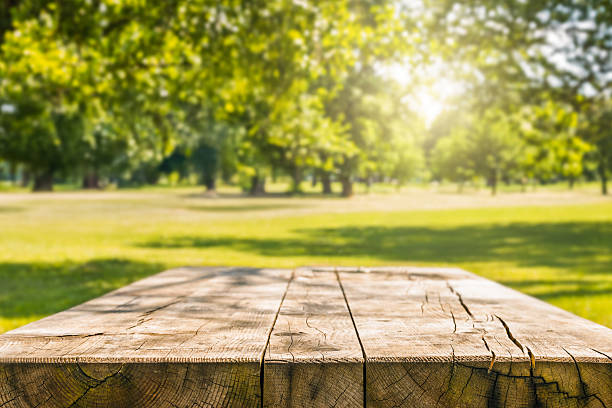 Wooden table with blurred sunny park background
