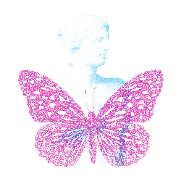 Risograph Print with Photocopy Effect Featuring a Butterfly and Venus Statue in Retro Aesthetic Style