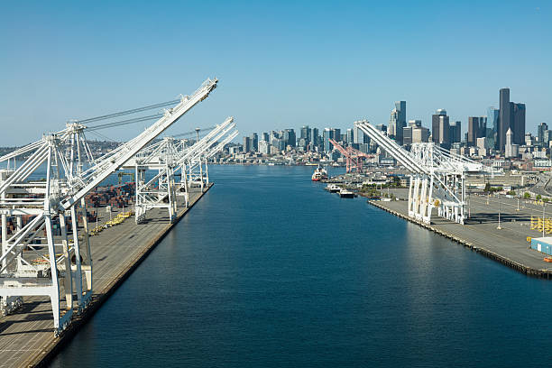 istock Cranes at Empty Container Terminal South of Downtown Seattle - Aerial 2215781958