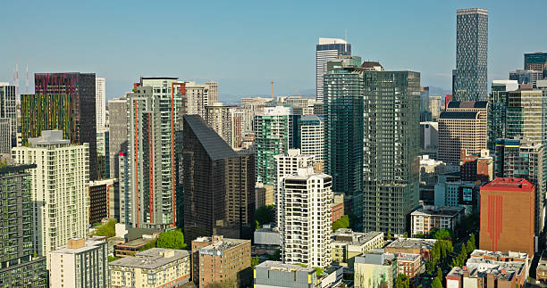 Aerial shot of Downtown Seattle on a sunny day in spring.Authorization was obtained from the FAA for this operation in restricted airspace.