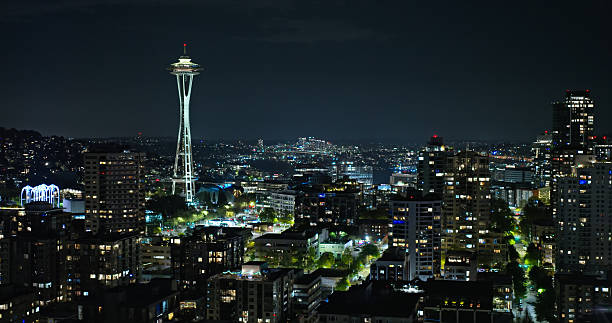 Aerial shot of the Queen Anne neighborhood at night in spring. Shot in Seattle, WAAuthorization was obtained from the FAA for this operation in restricted airspace.