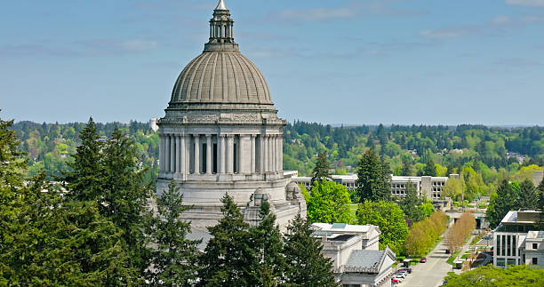 istock Drone View Looking Across Tree Covered Horizon and Washington State Capitol Building 2215782388