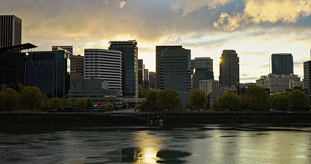 Aerial photograph of downtown Portland, Oregon shot at sunset and across the Willamette River.