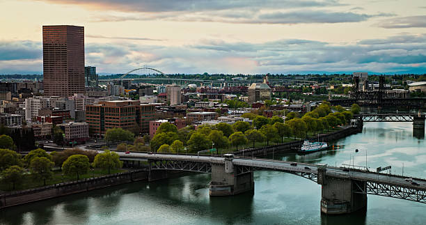 istock Drone View Looking North Over Portland, OR and the Morrison Bridge - Twilight 2215783708
