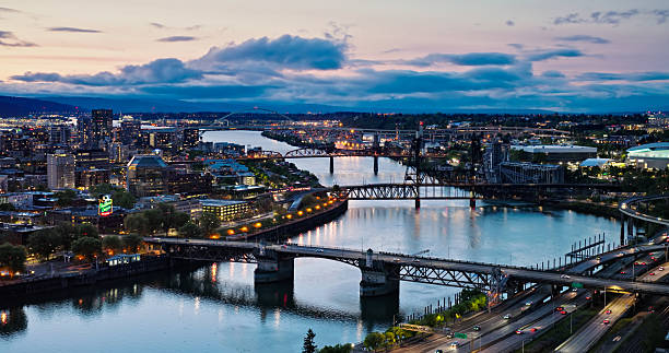 Aerial photograph of the Willamette River in Portland, Oregon.