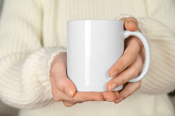 istock Woman with white ceramic cup, closeup. Mockup for design 2215790594