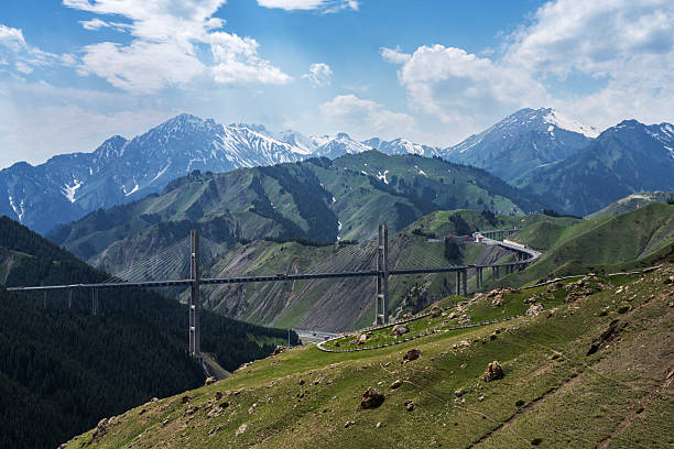 The scenery of Guozigou Bridge and mountain highway in Xinjiang,China.