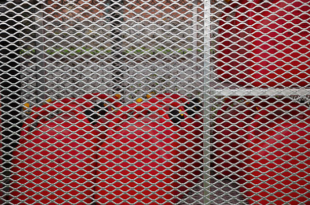 Metal gate with securing for industrial red gas tanks. Safety concept with restricted access to flammable equipment.