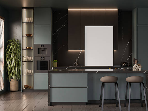 istock Modern dark tone kitchen with frame mockup and island counter- 3D rendering 2215811976