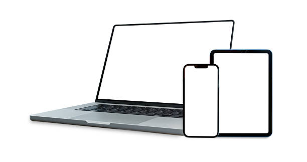 istock Set of smart devices smartphone, tablet and laptop with blank screen isolated on white background 2215813237