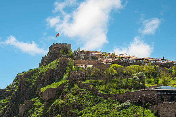 Ankara Castle with the Turkish flag flying over it. Turkish name is Ankara Kalesi