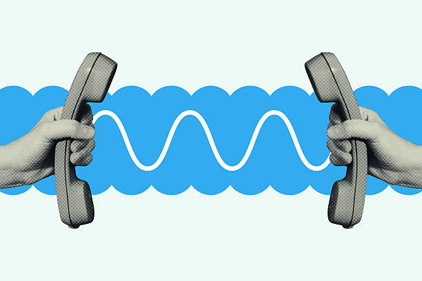 Phones connected through wavy line, symbol of communication. Retro technology concept. Pop art illustration, digital collage.