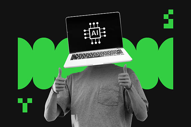 AI agent symbolized by person with laptop head giving thumbs up isolated on black background. Green retro pop art digital collage.