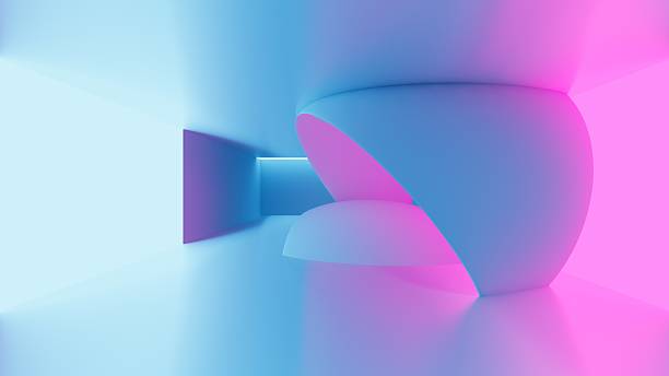 istock Bright blue pink and violet rectangle neon light portal background with abstract round shapes. 2215820179