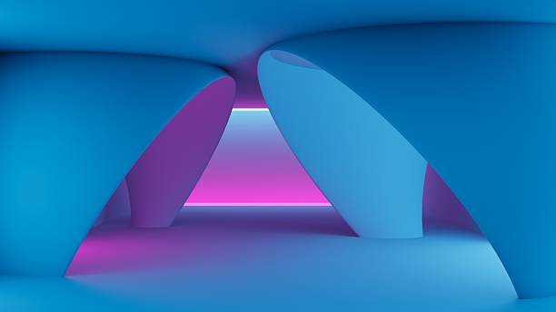 istock Bright blue pink and violet rectangle neon light portal background with abstract round shapes. 2215820193