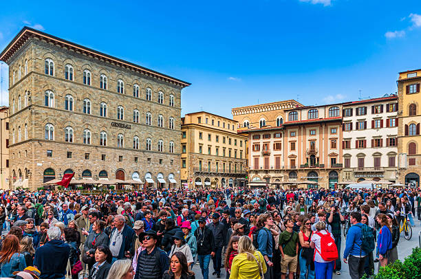 Florence, Italy April 6 2025- Piazza della Signoria in Florence overcrowed