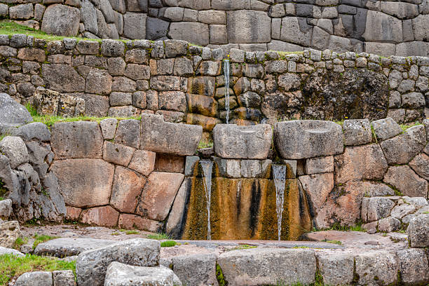 The Inca site of Tambomachay, near Cusco, Peru, features sophisticated stonework and aqueducts. This archaeological site is believed to have been a ceremonial bathing place for Inca elites