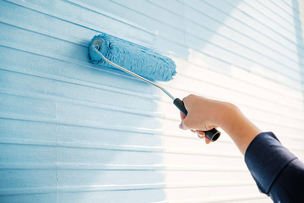 istock Close-up of a woman's hand using a paint roller to coat a white wall with fresh blue paint during a DIY home improvement project. The natural light highlights the clean texture and transformation. 2215827381