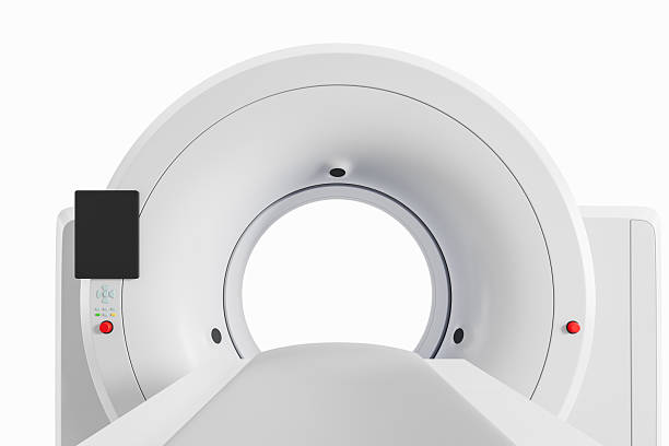 istock Modern CT scanner machine tunnel close-up with white exterior and control panel on a clean background. 3D Rendering. 3D Rendering 2215828030