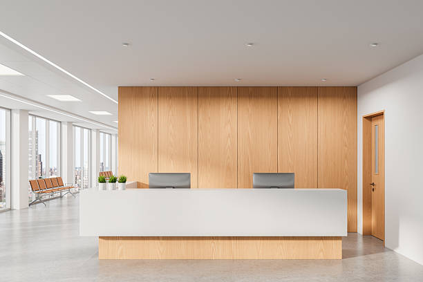 istock Modern reception interior with wooden panel wall and white desk in spacious office lobby with city view and minimalist seating area. 3D Rendering 2215828453