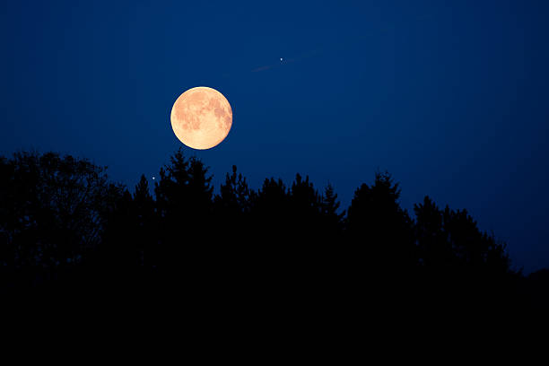 istock Full Moon, stars, planets and landscape scenery silhouettes. 2215832590