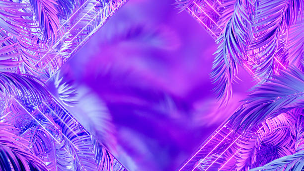 A digitally generated image featuring vibrant palm tree leaves surrounding a glowing neon lighting and glass frame, set against a tropical summer backdrop. This stylish and modern design evokes a sense of vacation, nightlife, and warm-weather relaxation, making it perfect for travel promotions, party invitations, and seasonal lifestyle content.